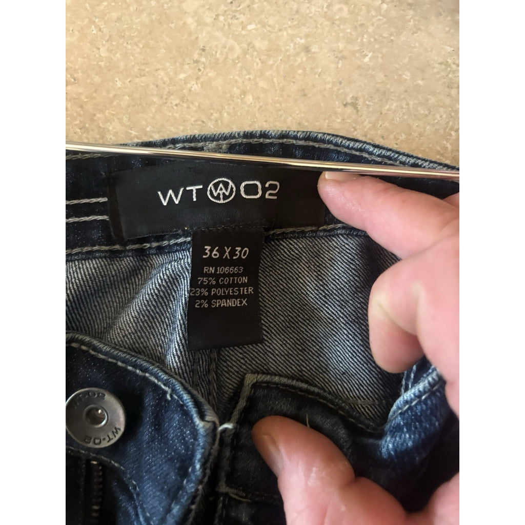 WT02 Moto Biker Jeans Men's Size 30x30 Blue Skinny Stretch Distressed Ribbed
