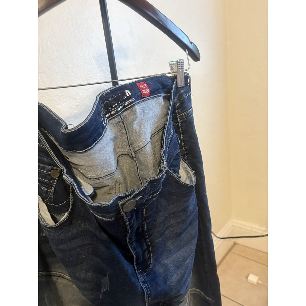 Demolition Men’s Moto Jeans 36x32 Dark Wash Whiskered Camo Patch