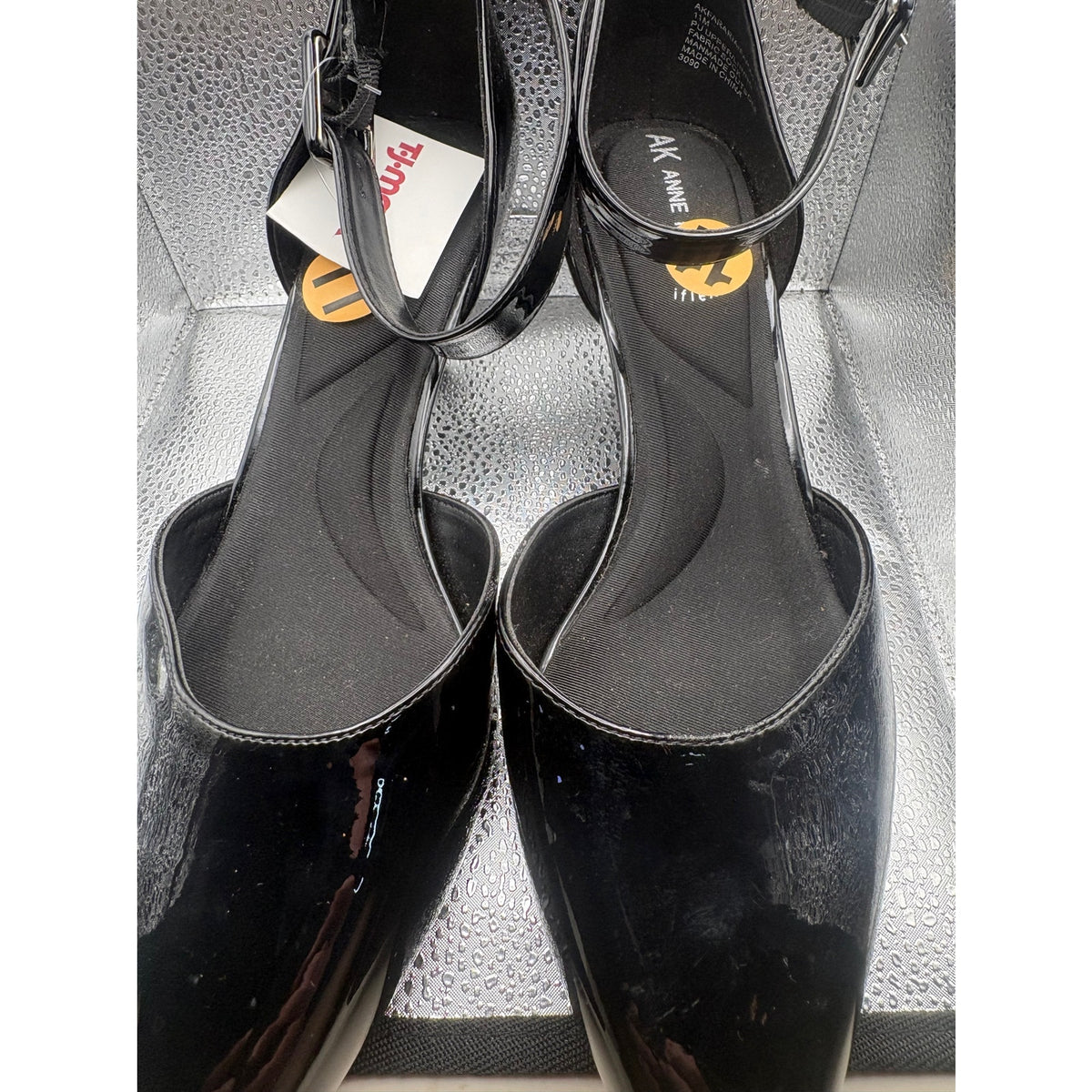 AK ANNE Patent Leather Black Flats with Ankle Strap