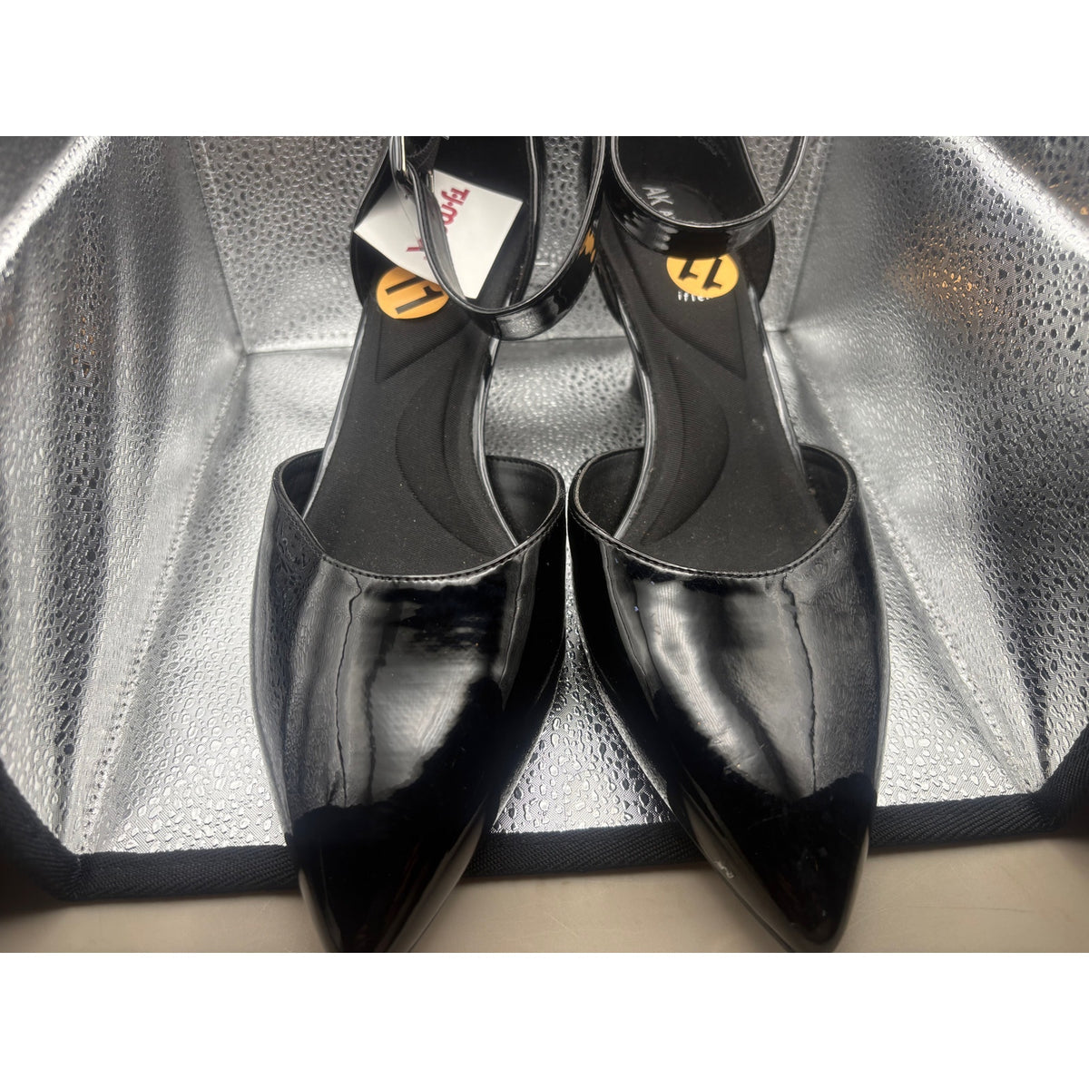AK ANNE Patent Leather Black Flats with Ankle Strap