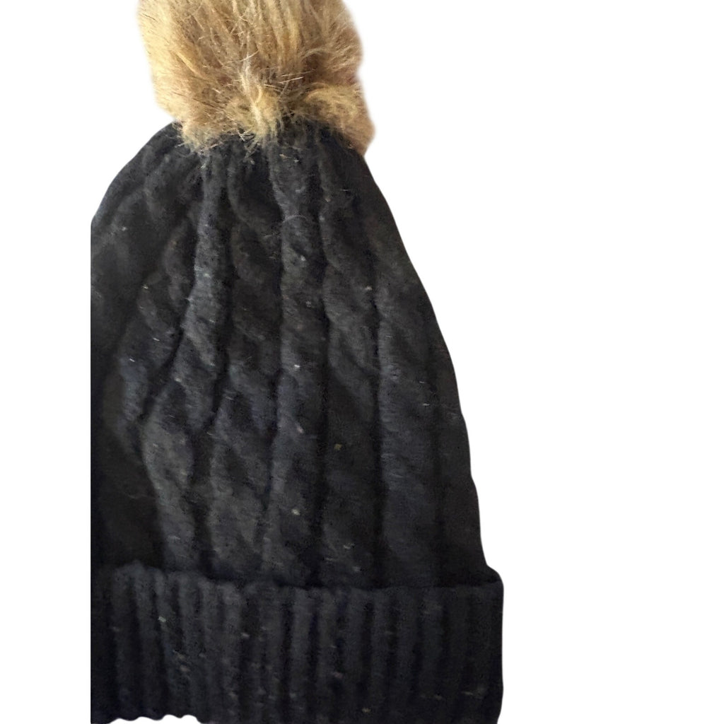 Unisex Cable Knit Beanie, Faux Fur Pom, Black & Tan, One Size