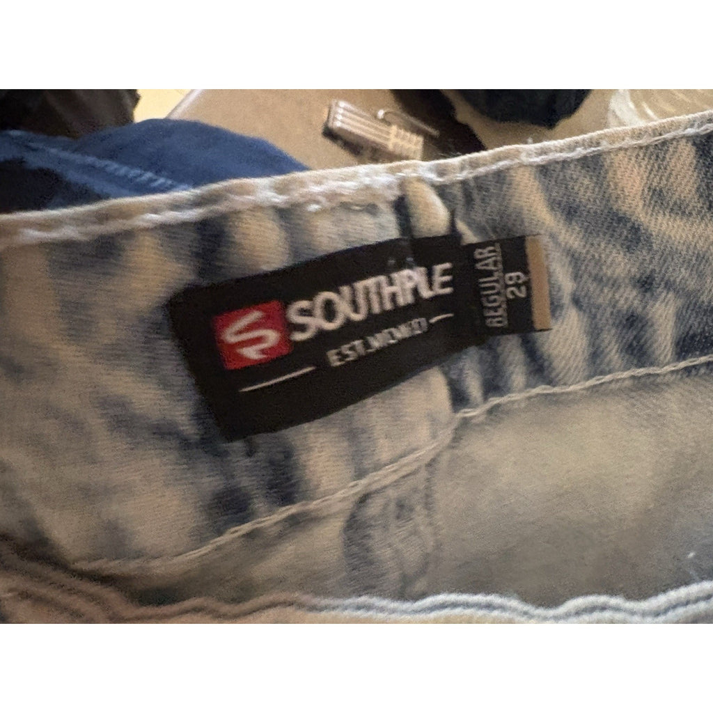 South pole Mens Acid Wash Moto Biker Denim Shorts Light Blue Distressed Size 29