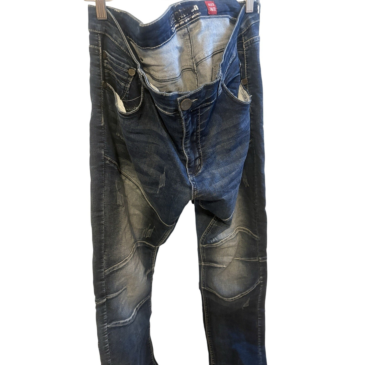 Demolition Men’s Moto Jeans 36x32 Dark Wash Whiskered Camo Patch