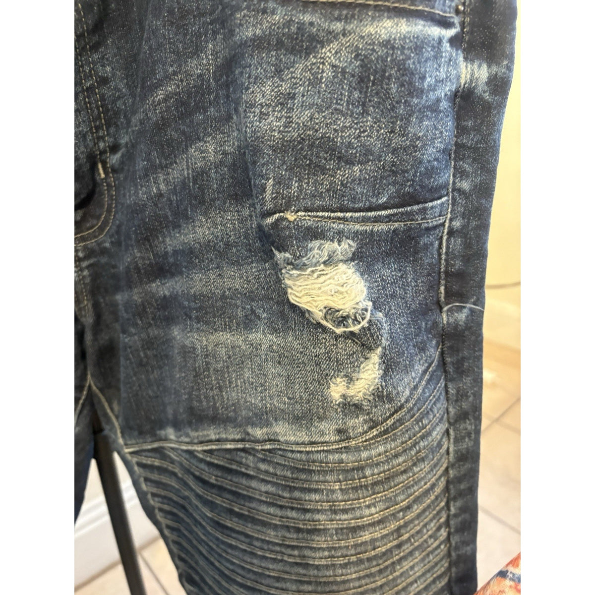 WT02 Moto Biker Jeans Men's Size 30x30 Blue Skinny Stretch Distressed Ribbed