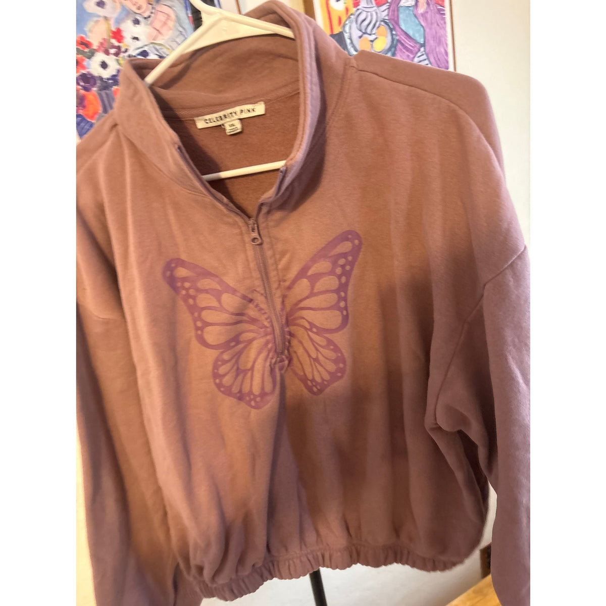 Celeb Pink Women’s Quarter-Zip Pullover - XXL, Graphic Butterfly, Knit Material