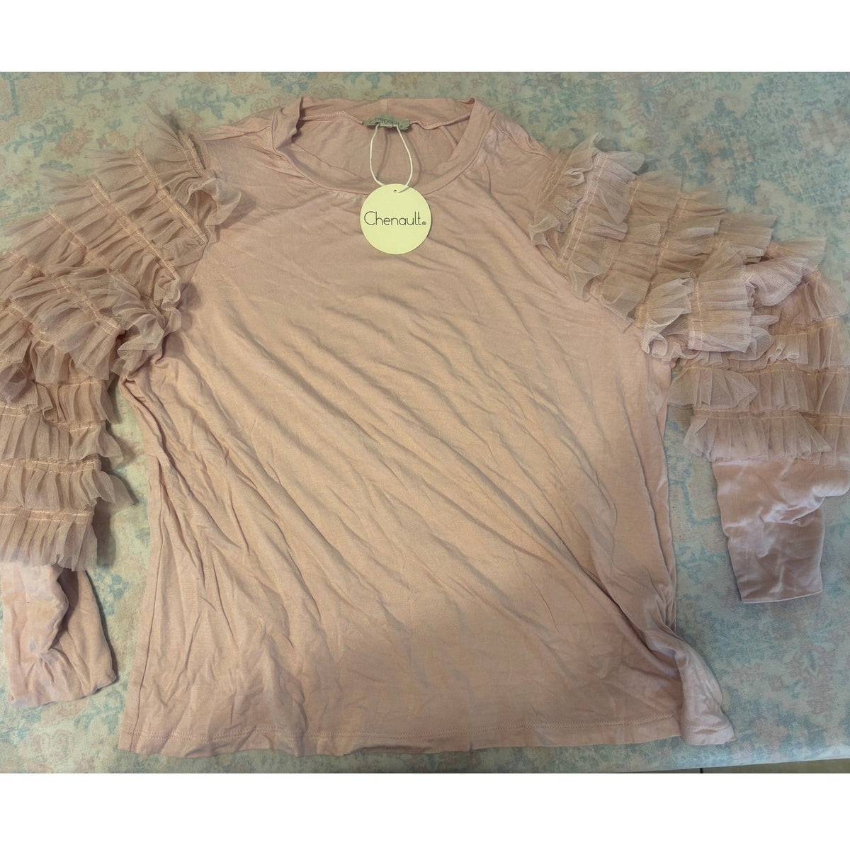 Chenault Women's Pink Tulle Ruffle Sleeve Top L