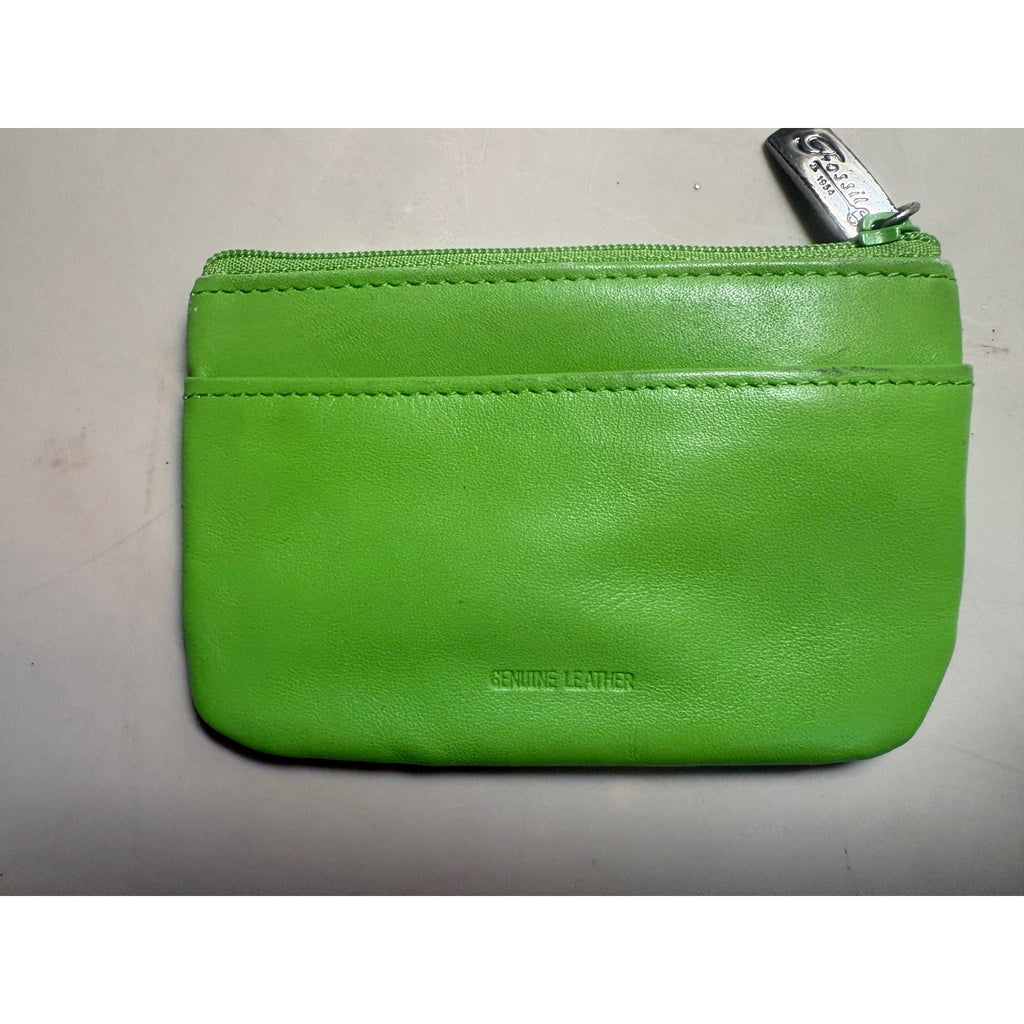 FOSSIL Coin Purse Wallet Unisex Green Leather Zipper Accessory