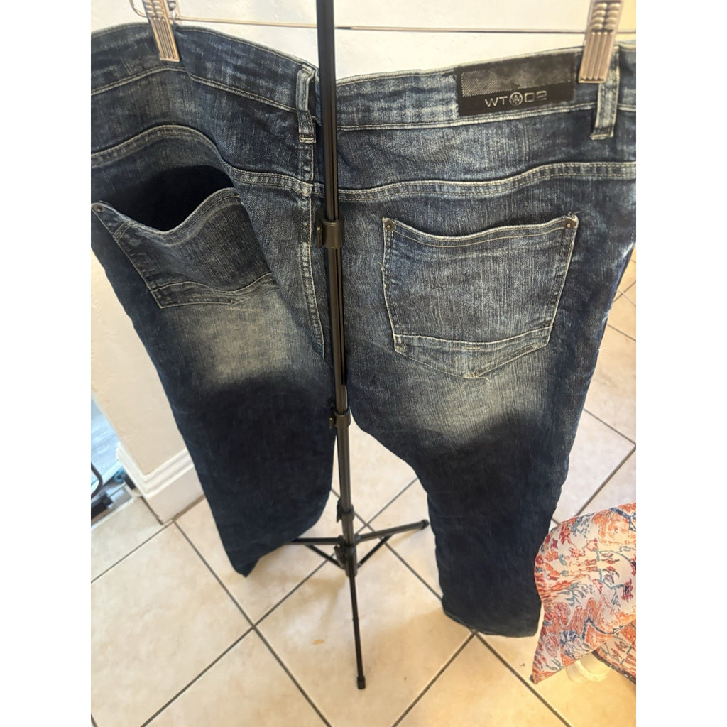 WT02 Moto Biker Jeans Men's Size 30x30 Blue Skinny Stretch Distressed Ribbed