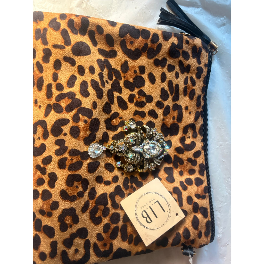 LIB NEW YORK Leopard Print Faux Suede Clutch Wristlet Evening Bag Women