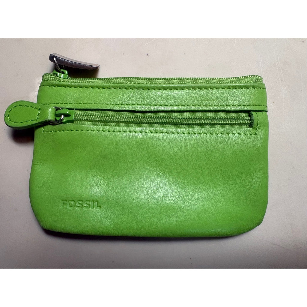 FOSSIL Coin Purse Wallet Unisex Green Leather Zipper Accessory