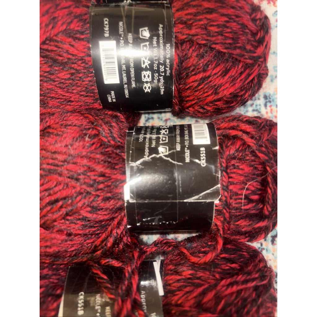 4 Skein Studio Samples by Nicole Acrylic Yarn Red Black Marled Twist
