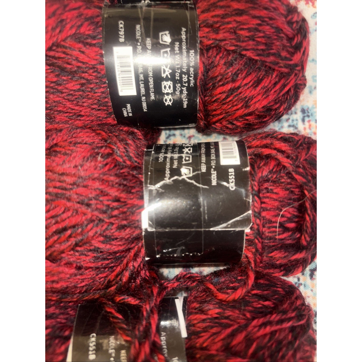 4 Skein Studio Samples by Nicole Acrylic Yarn Red Black Marled Twist