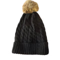 Unisex Cable Knit Beanie, Faux Fur Pom, Black & Tan, One Size