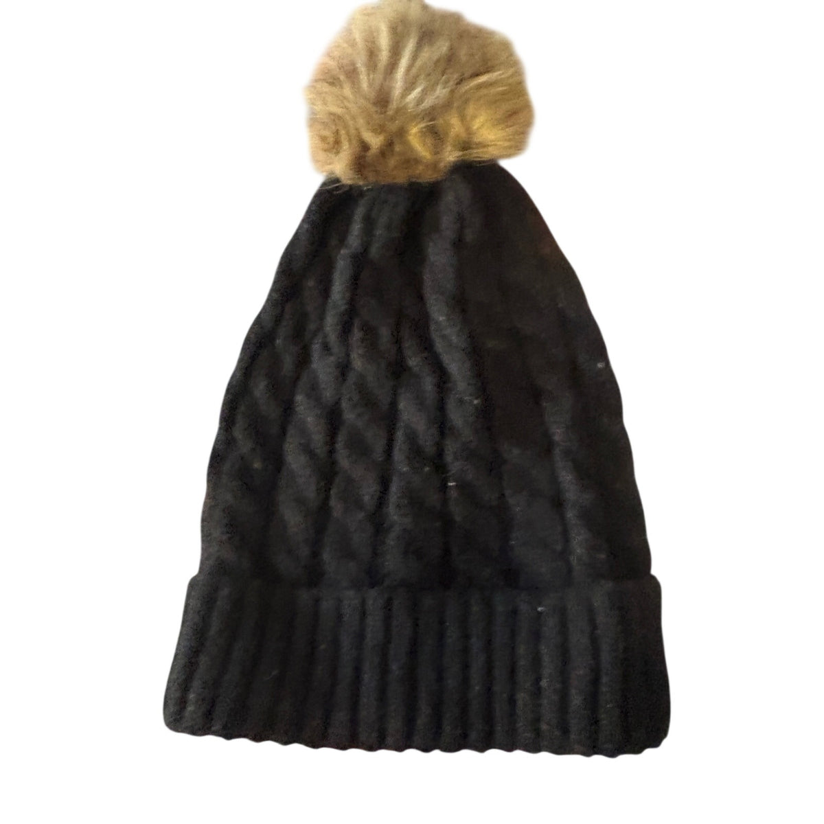 Unisex Cable Knit Beanie, Faux Fur Pom, Black & Tan, One Size