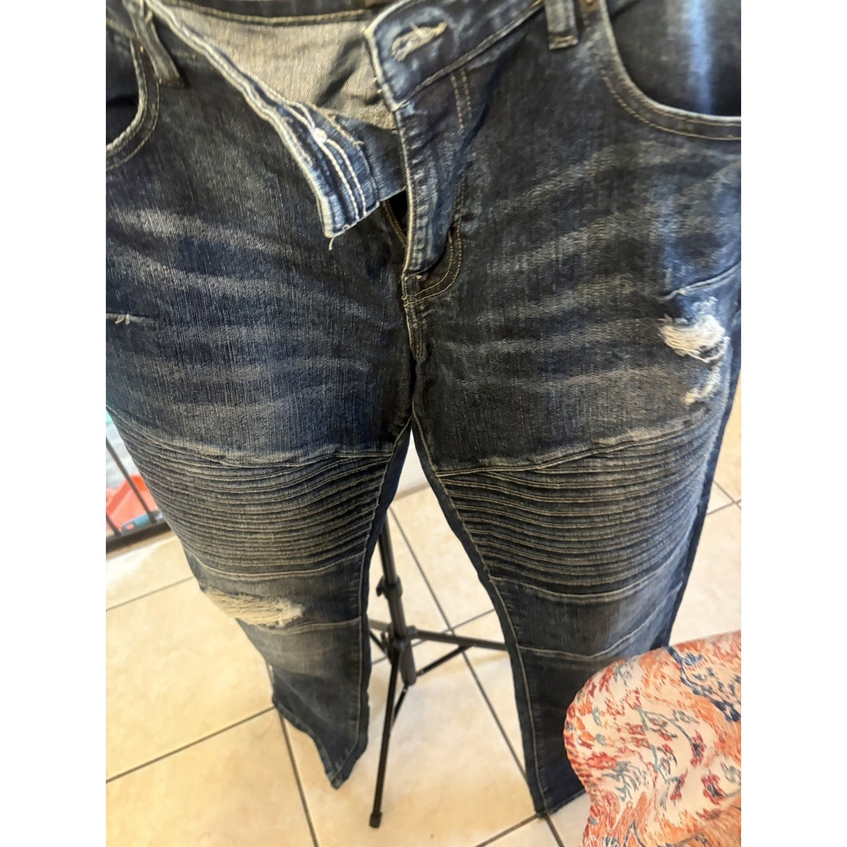WT02 Moto Biker Jeans Men's Size 30x30 Blue Skinny Stretch Distressed Ribbed