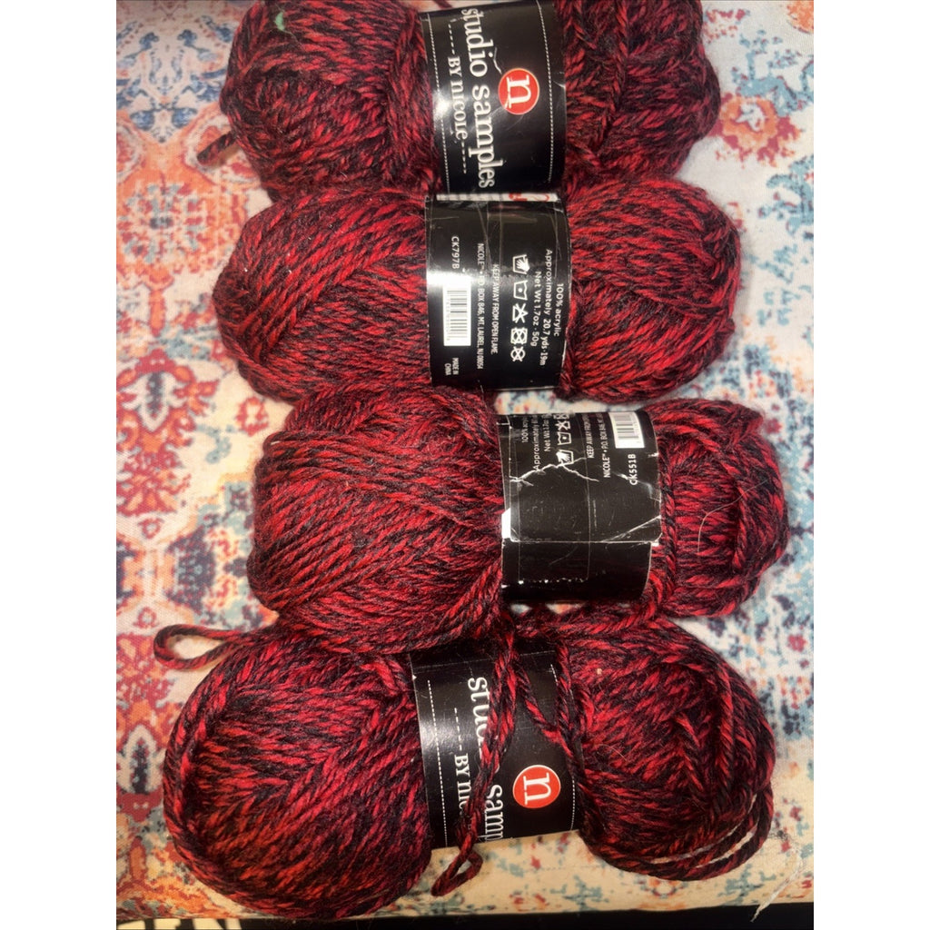 4 Skein Studio Samples by Nicole Acrylic Yarn Red Black Marled Twist