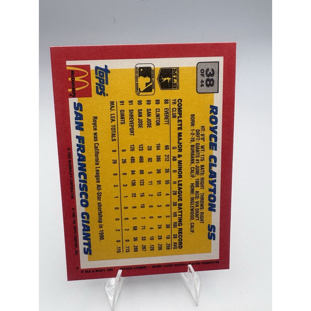 1992 Topps McDonald's Baseball's Best Royce Clayton SF Giants Baseball Card