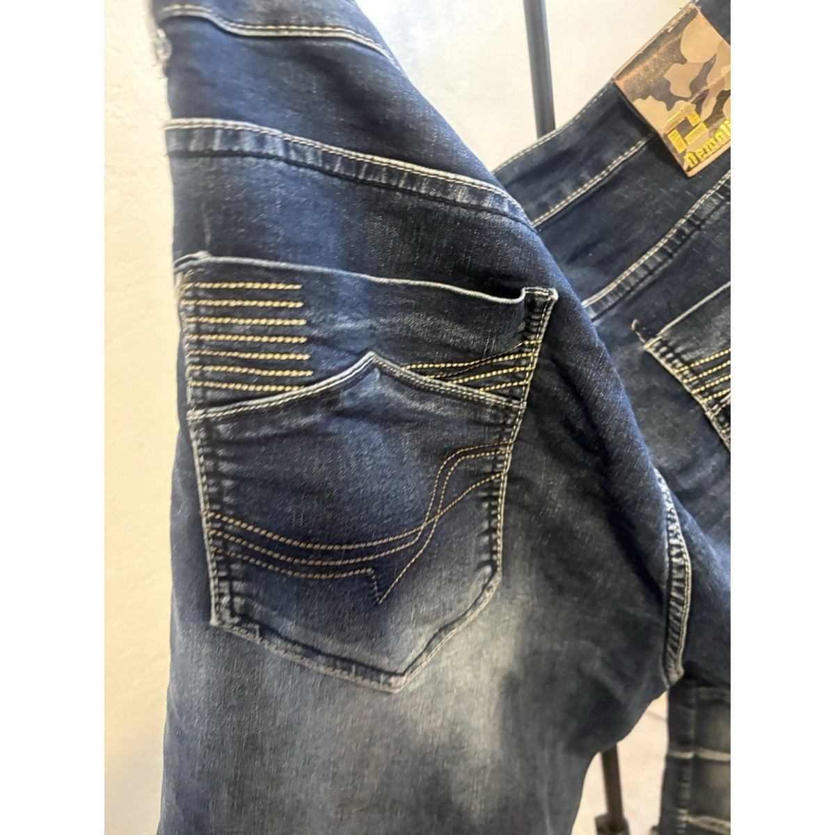 Demolition Men’s Moto Jeans 36x32 Dark Wash Whiskered Camo Patch