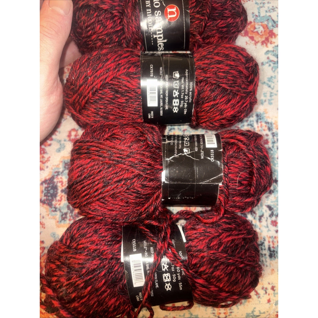 4 Skein Studio Samples by Nicole Acrylic Yarn Red Black Marled Twist