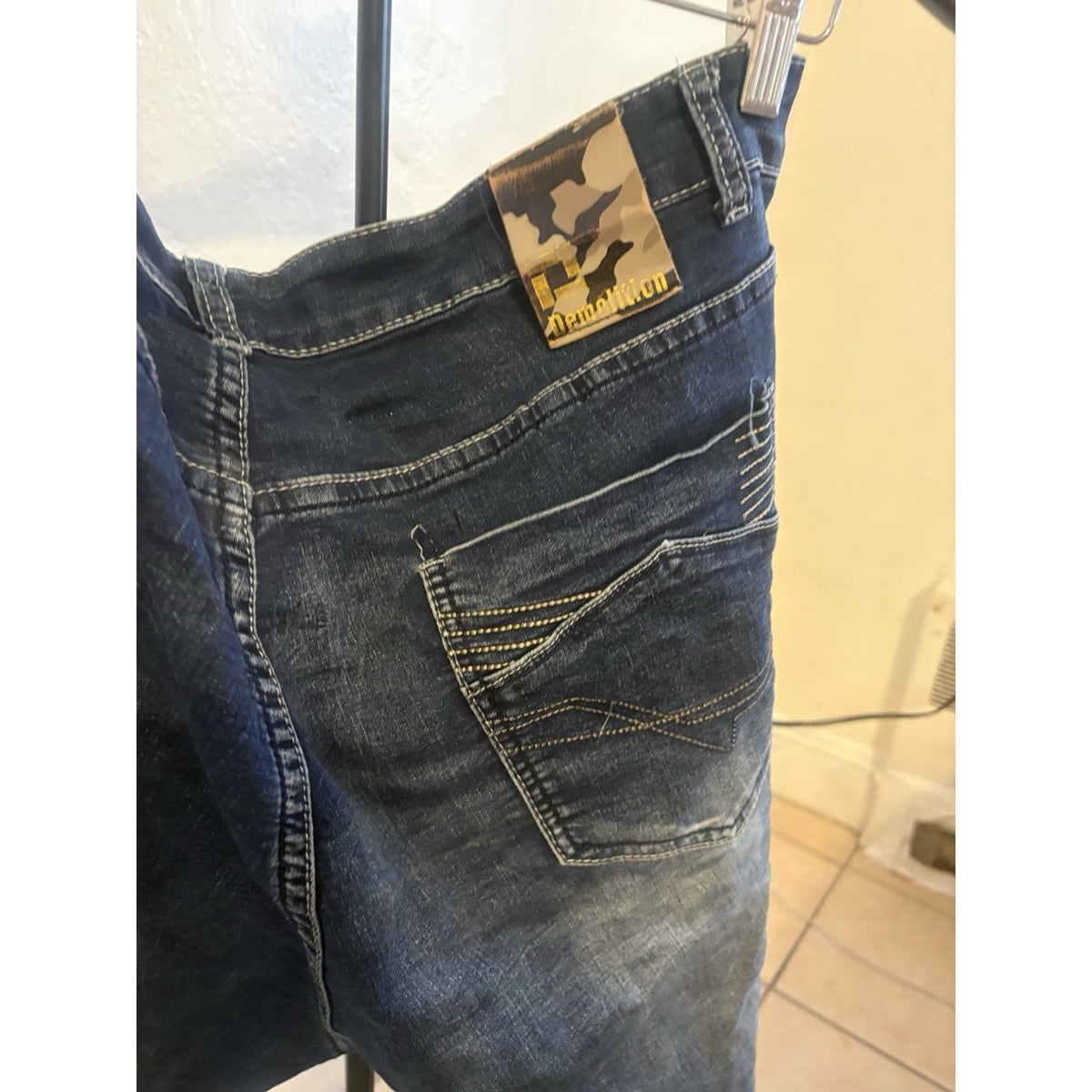Demolition Men’s Moto Jeans 36x32 Dark Wash Whiskered Camo Patch